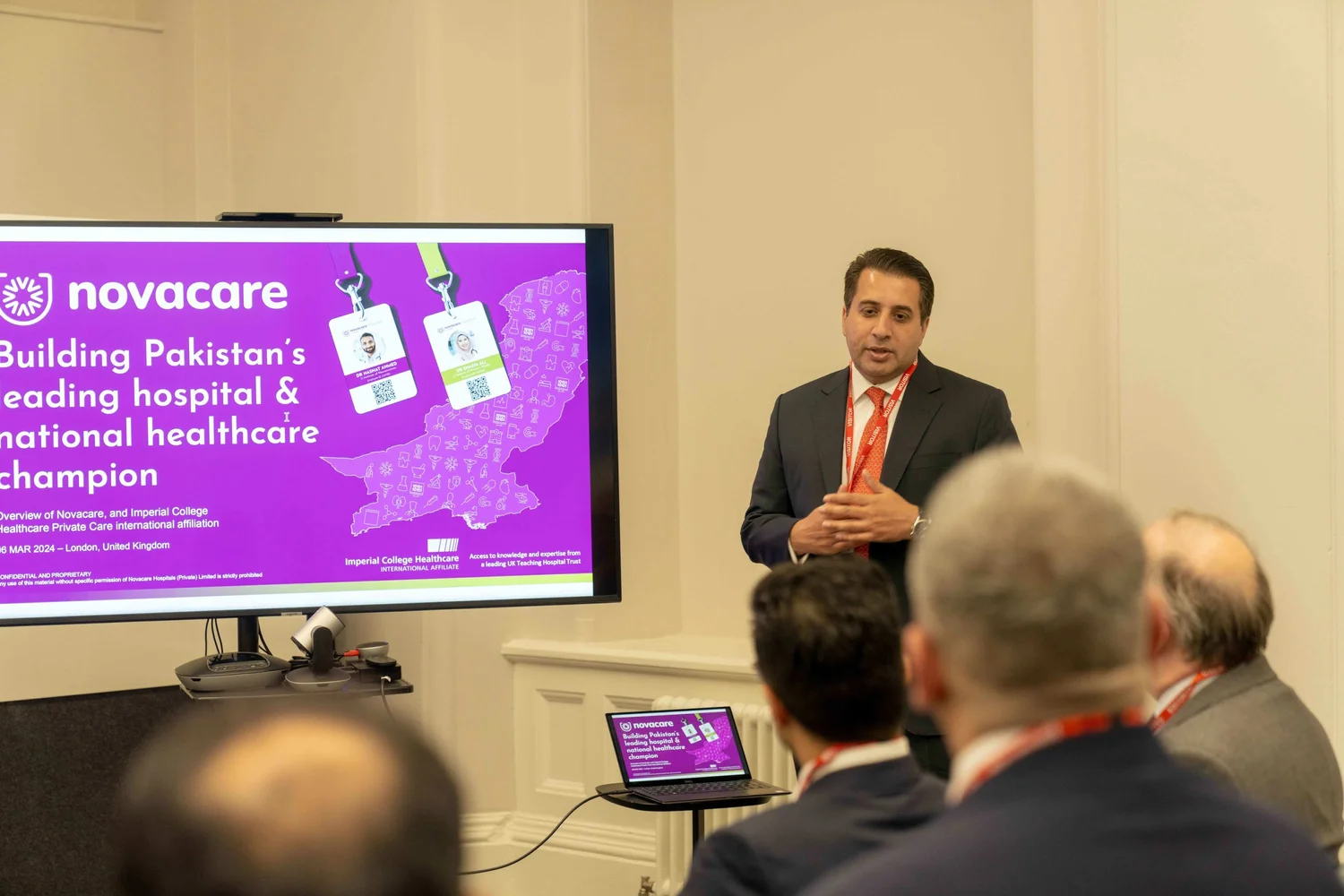 A Novacare director presenting the affiliation at Admiralty House in London, 6 March 2024